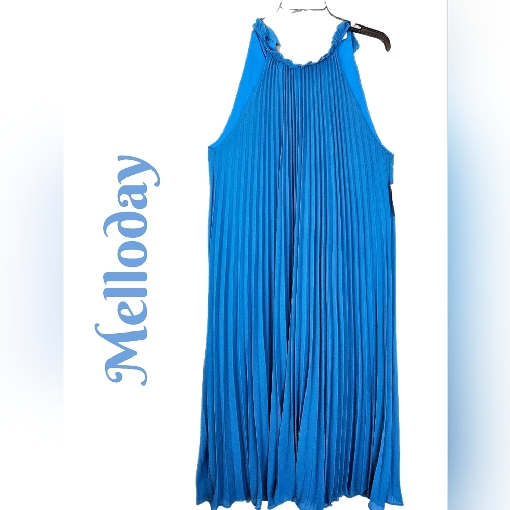 Melloday Womens Maxi Dress Sz L Bright Blue Pleated Halter Neck Wedding **FLAW**